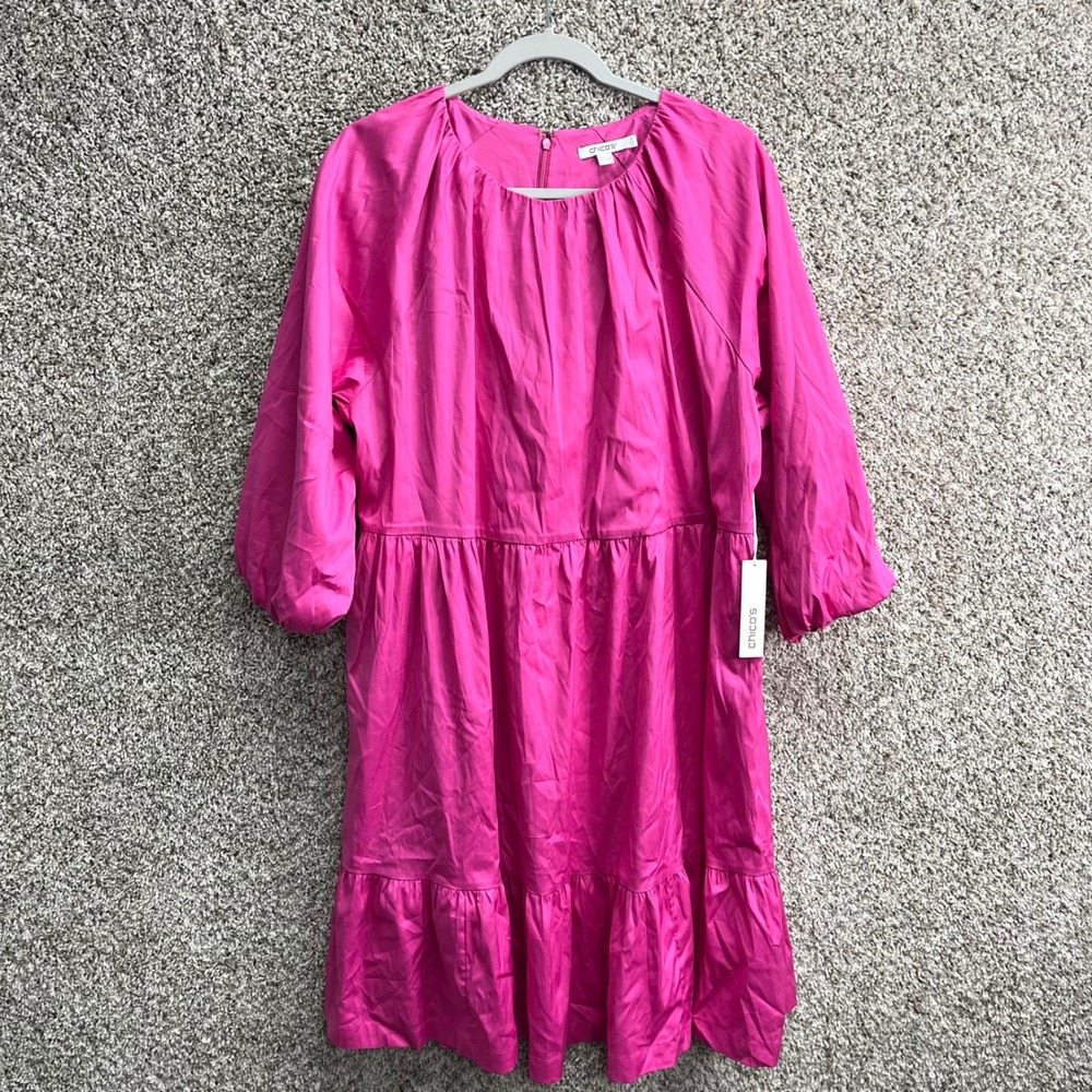 Chico's Dress Women's 16 Bahamian Pink Balloon‎ Sleeve with Shirring Tiered NWT